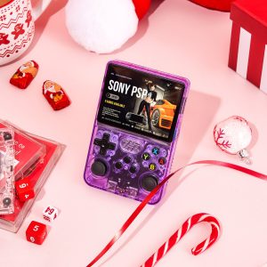 Máy chơi game cầm tay màu tím với màn hình đang sáng