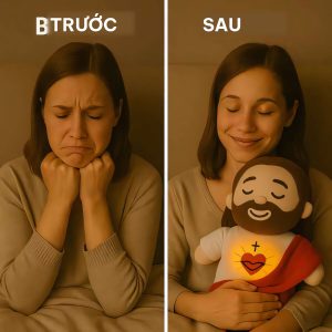 Búp bê bông biết thở nằm trên giường